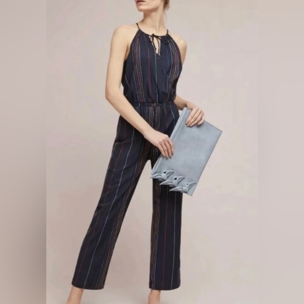 NWOT Anthropologie Dolan Stripe Multicolor Blue Tie Keyhole Front Jumpsuit small - Picture 5 of 12